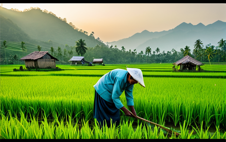 **

"A hardworking farmer, fully clothed in modest work attire, tending to a lush green rice paddy field during sunrise. Appropriate content, safe for work. The scene showcases perfect anatomy, correct proportions, and a natural pose. The background features distant mountains and a traditional Bengali farmhouse. Professional photography, high quality."

**