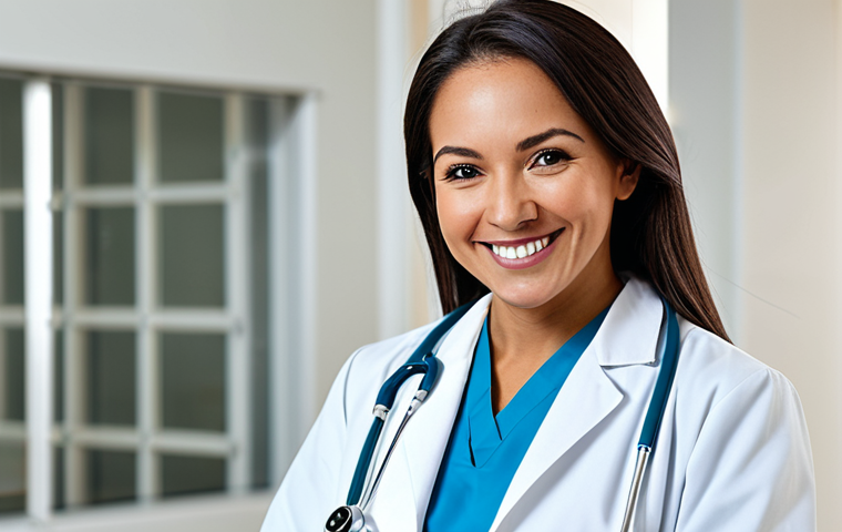 **

"A professional female doctor in a clean, modern hospital, wearing a lab coat and stethoscope, smiling warmly. Fully clothed, appropriate attire, safe for work, perfect anatomy, natural proportions, professional medical photography, high quality."

**