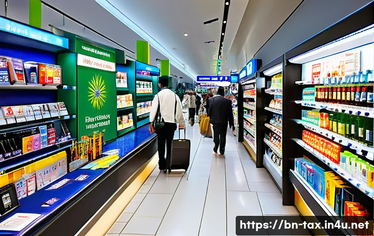 해외 여행자 면세 기준 - A bustling international airport duty-free shopping area filled with diverse travelers from differen...