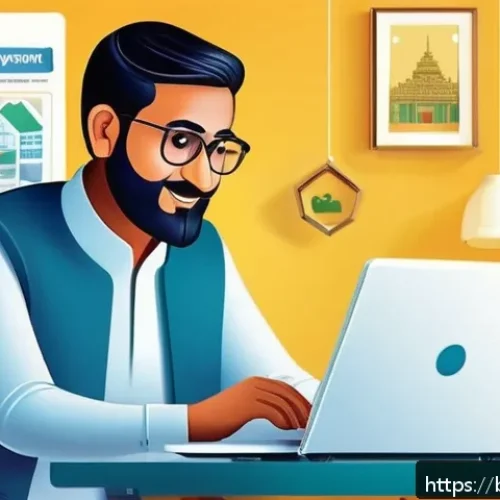 자동차세 연납 혜택 - A detailed digital illustration of a Bengali man using a government website on a laptop to pay his v...