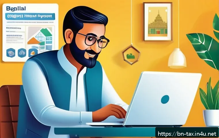 자동차세 연납 혜택 - A detailed digital illustration of a Bengali man using a government website on a laptop to pay his v...