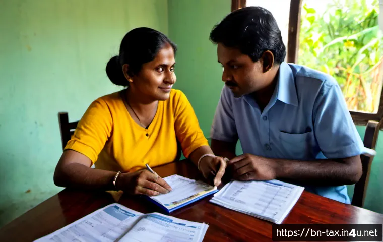 Home 17 대출 이자 세액공제 - Photorealistic Bangladesh household finance scene, a middle-aged Bengali couple seated at a tidy woo...